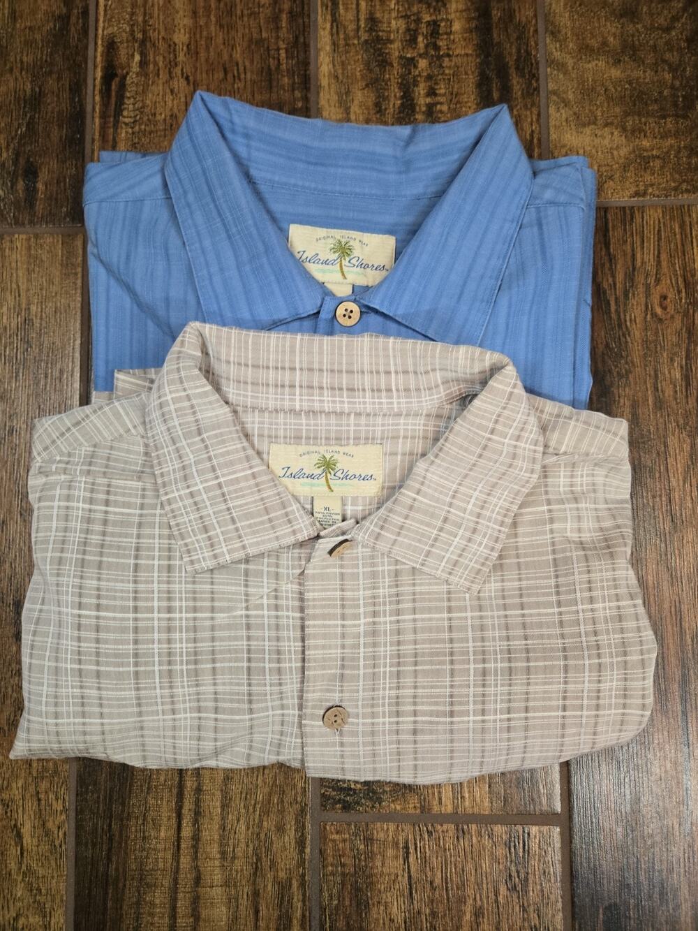 2 Island Shores Casual Button Down Shirts Blue and Light Brown Plaid XL GUC